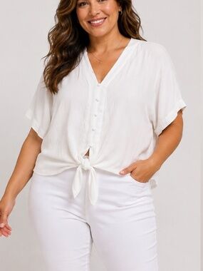 Sim & Sam Cropped Blouse Womens Size XL White Button Down Feminine V-Neck